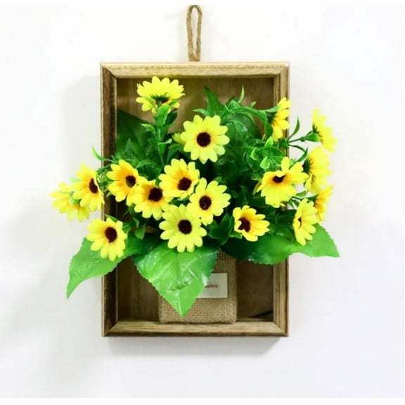 Artificial Flower Arrangement in Wooden Frame,Sunflowers and Leaves, Wall Hanging Ornaments for New Year/Christmas/Wedding Decoration,Size: 9.1" x 6.1"