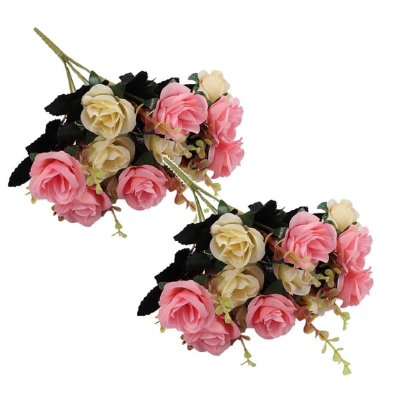 Artificial Flower Arrangements, Pink 12-Head Cloth Rose Decor with Shapeable Wire Stems, 13.4-Inch,2PCS