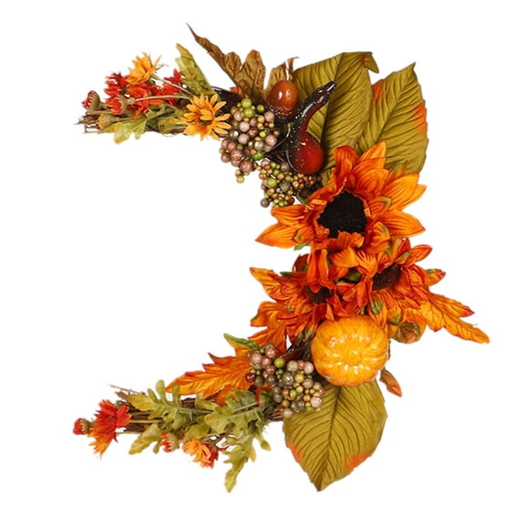 Artificial Flower Autumn Rattan Wreath Garland with Pumpkin Maple Leaf Half Moon Shape Door Wall Harvest Thanksgiving Ornament