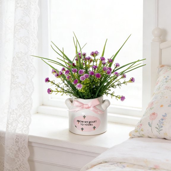 Artificial Flower Bonsai, Mini Fake Plant with Ceramic Pot, Maintenance Free Decor for Home, Office Desk, Car, Cafe, Table Centerpiece, Shelf Display