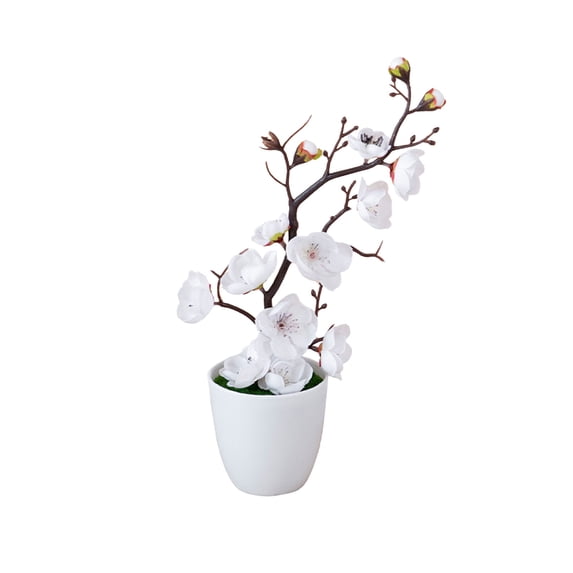 Artificial Flower Bonsai Potted Plants 11 In, Faux Plum Blossom Desk Decor with Weighted Pot for Shelf Table Centerpiece Home Office, White