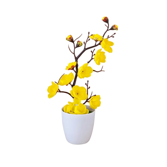 Artificial Flower Bonsai Potted Plants 11 In, Faux Plum Blossom Desk Decor with Weighted Pot for Shelf Table Centerpiece Home Office, Yellow