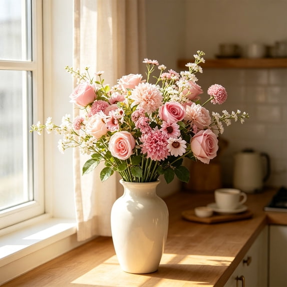Artificial Flower Bouquet 13.39 Inch Silkly Fake Flowers with Roses Hydrangea Chrysanthemums Faux Floral Arrangement for Vase Home Wedding Party Decor