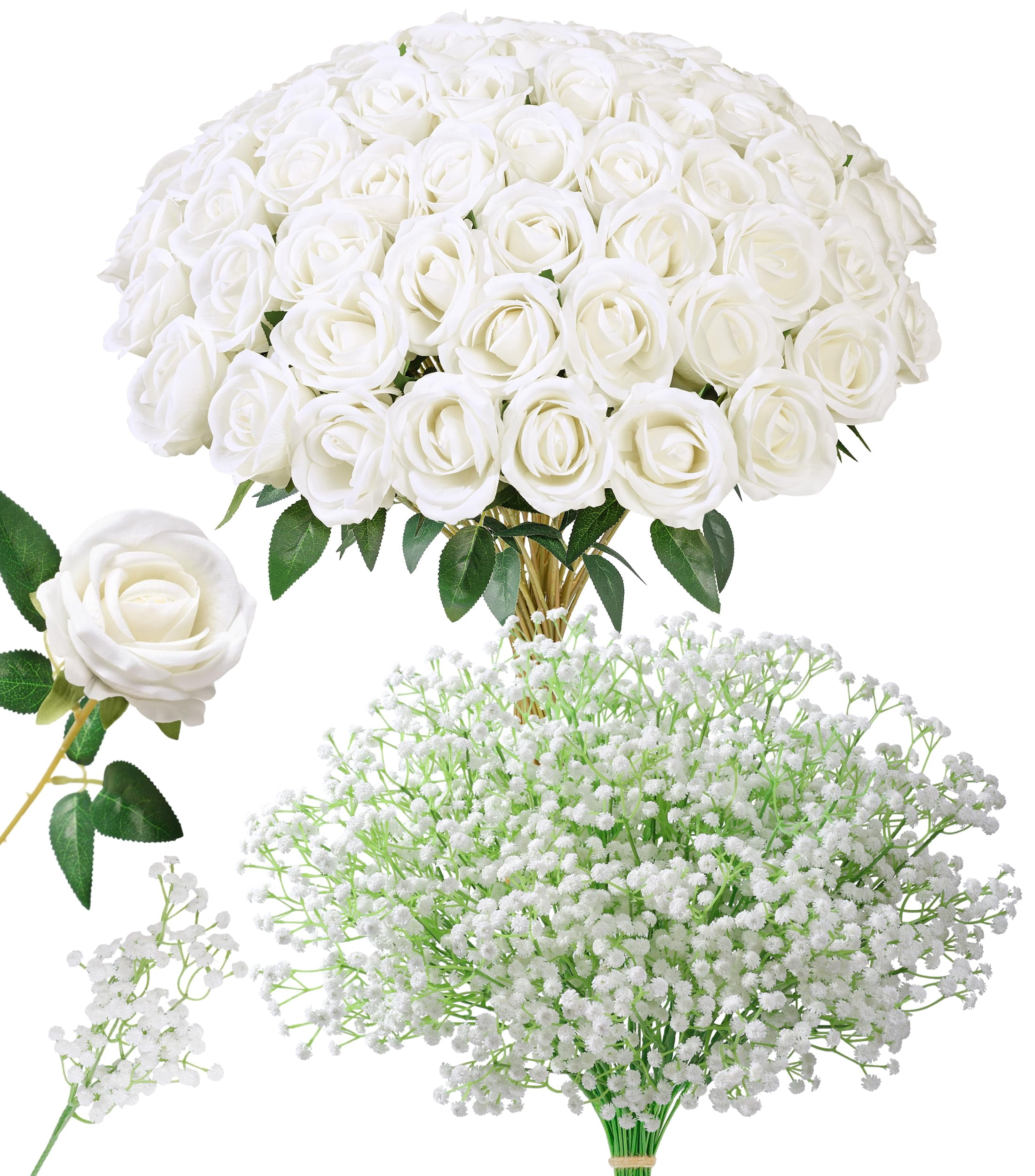 Artificial Flower Bouquet 35 Pcs White Roses With 15 Pcs Baby Breath ...