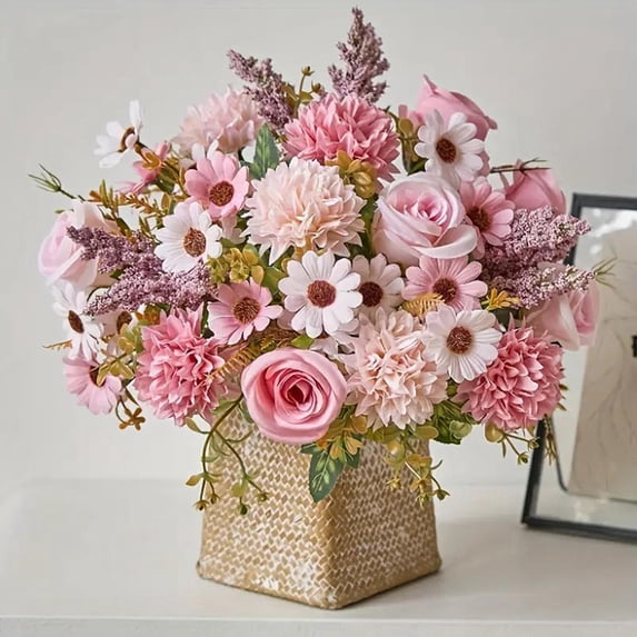 Artificial Flower Bouquet with 7 Stems and 10 Blooms, 13.4 Inches, Pink and White Floral Design, for Dining Table Centerpiece, Fake Flower Arrangement Decoration