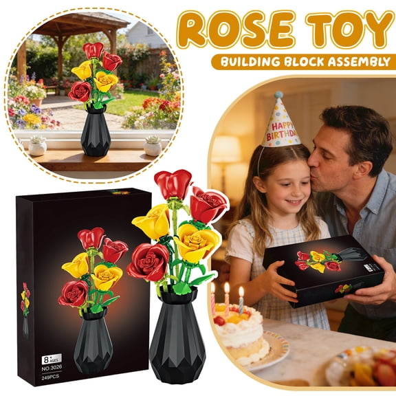 Artificial Flower Bouquet Building Set for Adult, Mini Plant Bonsai Tree Friend Set, Botanical Collection Gift for Kid, Roses Building Blocks with Vase, Birthday Gift for Girl Mom Women Wife