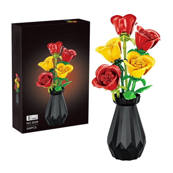 Artificial Flower Bouquet Building Set for Adult,Mini Plant Bonsai Tree Friend Set,Botanical Collection Gift for Kid,Roses Building Blocks with Vase,Birthday Gift for Girl Mom Women Wife