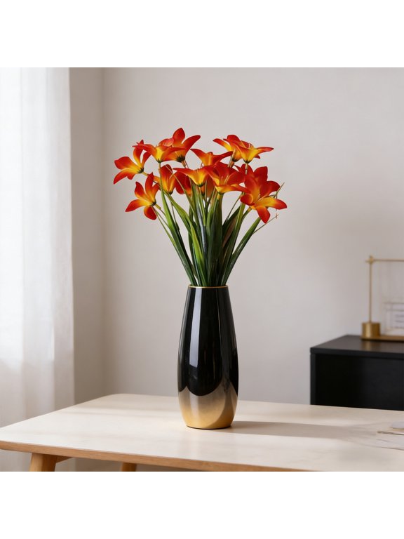 Artificial Flower Bouquet Daffodils Lilies, Usupdd Lifelike Faux Floral Arrangement 13.78 Inch, Plastic Fake Greenery for Indoor Outdoor Wedding Home Decor Centerpiece, Red