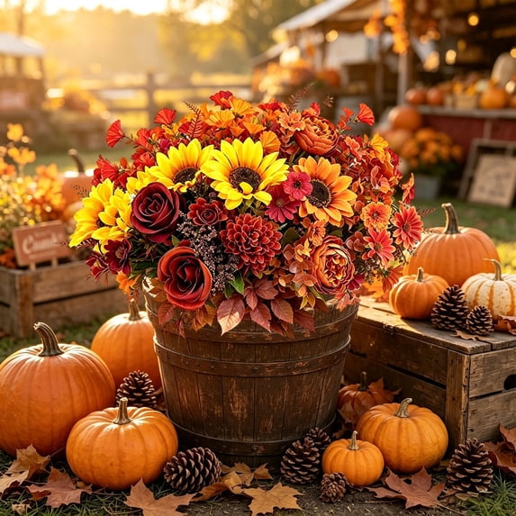 Artificial Flower Bouquet, Fall Floral Arrangement, for Thanksgiving, Fall Party Decor, 15.75in