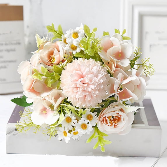 Artificial Flower Bouquet, Faux Roses and Daisies, Premium Decorative Home Arrangement, Realistic Silk Flowers, Perfect for Living Room, Office, Wedding or Gift