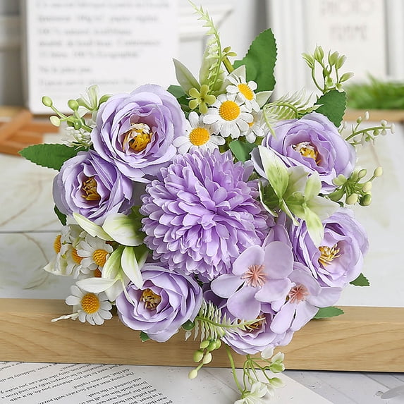 Artificial Flower Bouquet, Faux Roses and Daisies, Premium Decorative Home Arrangement, Realistic Silk Flowers, Perfect for Living Room, Office, Wedding or Gift