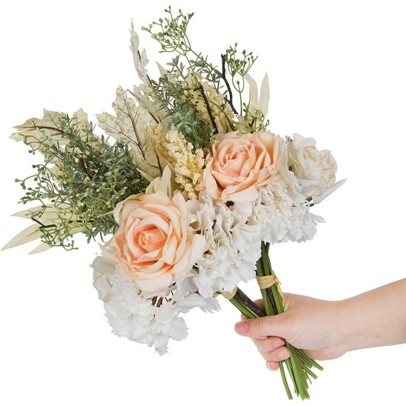 Artificial Flower Bouquet with Hydrangeas and Roses 2pcs 17 Inch Wedding Bouquet for Bridesmaid Bridal Bouquet Home Décor Centerpieces(Pinkish Champagne)