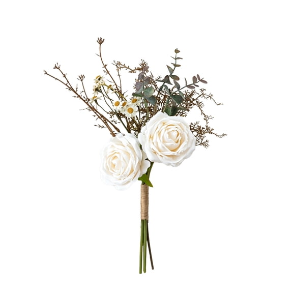 Artificial Flower Bouquet Small Handtied White Rose Daisy Dried Stem Boho Wedding Home Table Centerpiece Faux Floral Decor