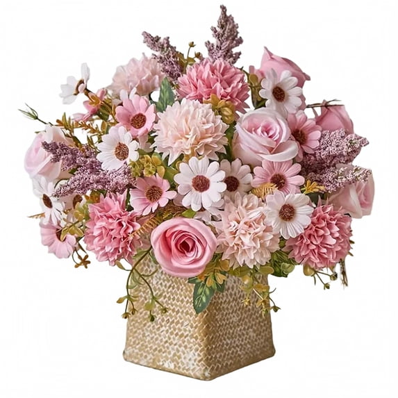 Artificial Flower Bouquet with 10 Blooms and 7 Branches, 13.4 Inches, Pink and White Silk, for Dining Table Centerpiece, Faux Floral Decoration