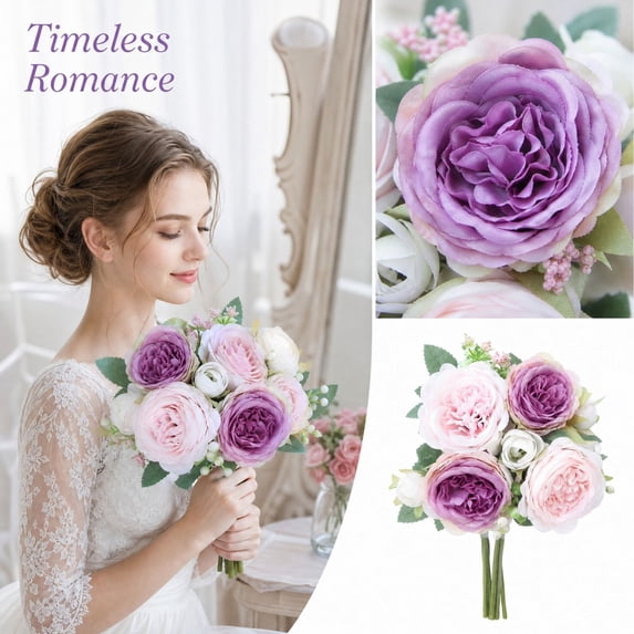 Artificial Flower Bouquet with 5 Large Blooms, 2.4 Inch Flowers, 12.6 Inch Stems, Pink and Purple, for Home Decoration, Fake Persian Rose Arrangement