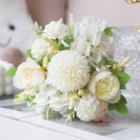 Artificial Flower Bouquet with 9-Bloom Peony and Hydrangea Mix, 12.6 Inches, White, for Home and Wedding Decor