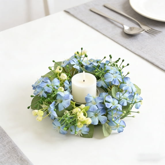 Artificial Flower Candle Ring Wreath for Wedding Party Table Centerpiece Home Decor Spring Summer Floral Candle Holder Decorative Candle Tray for Dining Table Mantle Window Sill Decor Festive Decor