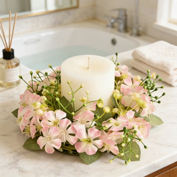 Artificial Flower Candle Ring Wreath for Wedding Party Table Centerpiece Home Decor Spring Summer Floral Candle Holder Decorative Candle Tray for Dining Table Mantle Window Sill Decor Festive Decor