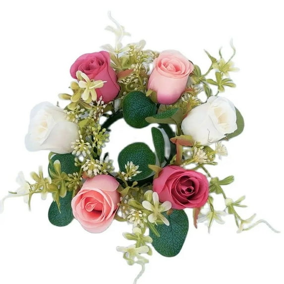 Artificial Flower Candle Rings Wreath, Roses & Eucalyptus Wedding Centerpieces for Tables, Small Spring Wreath for Front Door, Home Farmhouse Party Banquet Tabletop Decorations