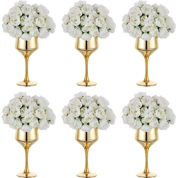 Artificial Flower Centerpiece Table Decorations 6 Pcs White Faux Peony Flowers with Gold Glass Goblet Vase for Wedding Home Party Table Centerpieces Decor Silk Floral Bouquets Arrangement