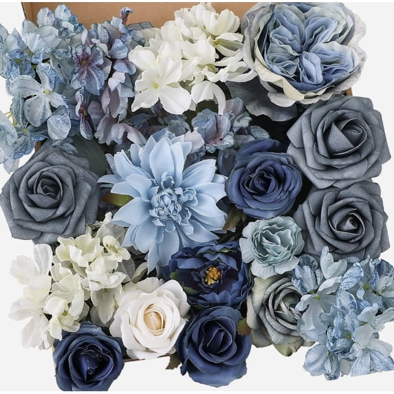 Plastic Blue Roses Artificial Flower Combo Box Set, Dusty Blue Faux Roses, Realistic Silk ...