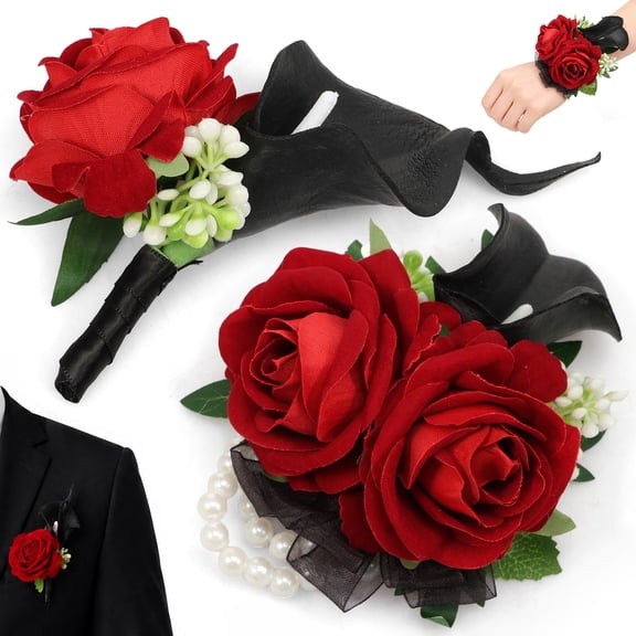 Artificial Flower Corsage Wrist Flower Set,Gothic Style Rose Calla Lily Boutonniere with Pearl Bow Decor for Wedding Party Banquet