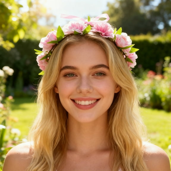 Artificial Flower Crown Headband with Roses & Leaves | Adjustable Ribbon for Parties, Weddings & Festivals | 4 Colors - Pink, Purple, Blue, Red | 1 Piece