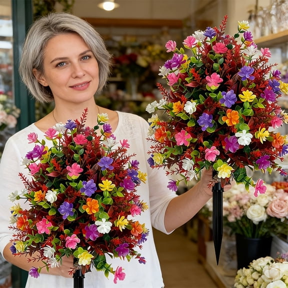 Artificial Flower Cuttings 2 Pack Garden Memorial Stakes Outdoor Decor, Realistic Silk Flowers Fade Resistant Durable Stakes, For Cemetery Garden Wedding Patio Outdoor Decor