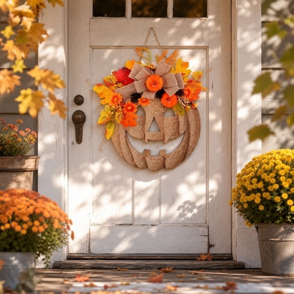 Artificial Flower Fall Wreath with Wooden Pumpkin Sign, Autumn Hanging Door Decor for Home, Seasonal Porch or Wall Decoration and Festive Gift Idea