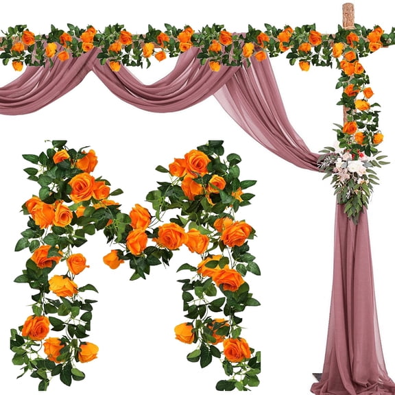 Artificial Flower Garland with Rose, 6.6 Ft Fake Vines Flower Hanging Rose Garland for Wedding Floral Arch Garden Background Engagement Ceremony Reception Decor, Orange
