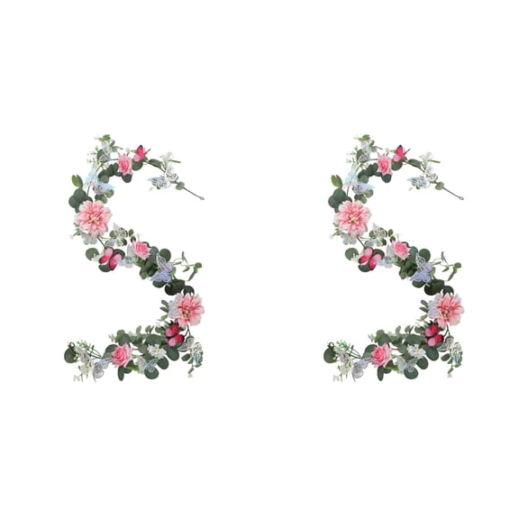 Artificial Flower Garland with Butterflies, Rose Garland Pink Flower Vines, Floral Greenery for Wedding Table Backdrop Party Centerpiece Decor