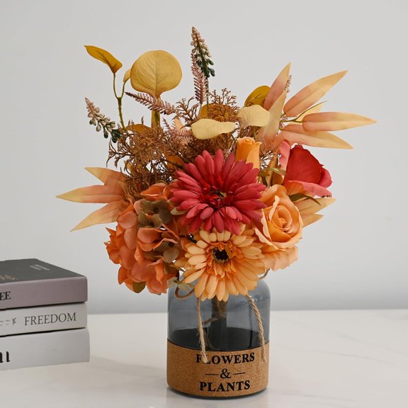 Artificial Flower in Glass Vase,Fall Silk Flower Arrangements,Fall Centerpieces for Tables,Artificial Flowers for Autumn Decor,Thanksgiving Party Table Rustic WeddingOrange-Yellow