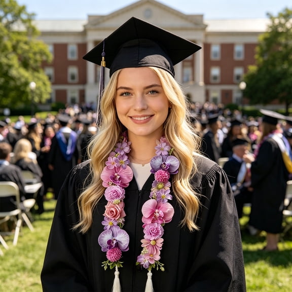 Artificial Flower Graduation Lei, Handmade Satin Floral Lei for Graduation