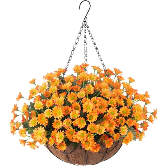 Artificial Flower with Hanging Basket for Outdoor Decor Fake Silk Dasiy UV Resistant Arrangements in Pot Planter Spring Decor for Indoor Porch Garden Yard(Orange Purple)