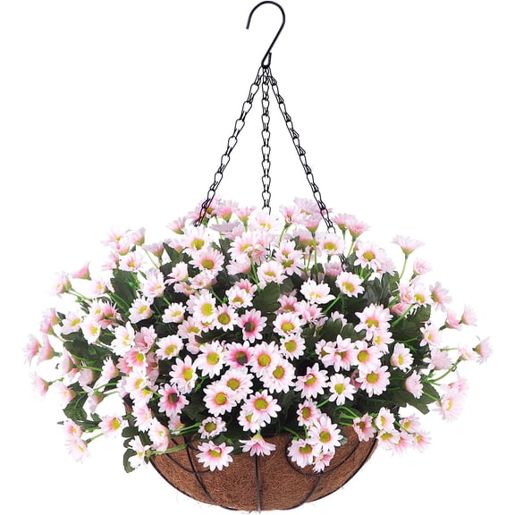 Artificial Flower with Hanging Basket for Outdoor Decor Fake Silk Dasiy UV Resistant Arrangements in Pot Planter Spring Decor for Indoor Porch Garden Yard(Orange Purple)
