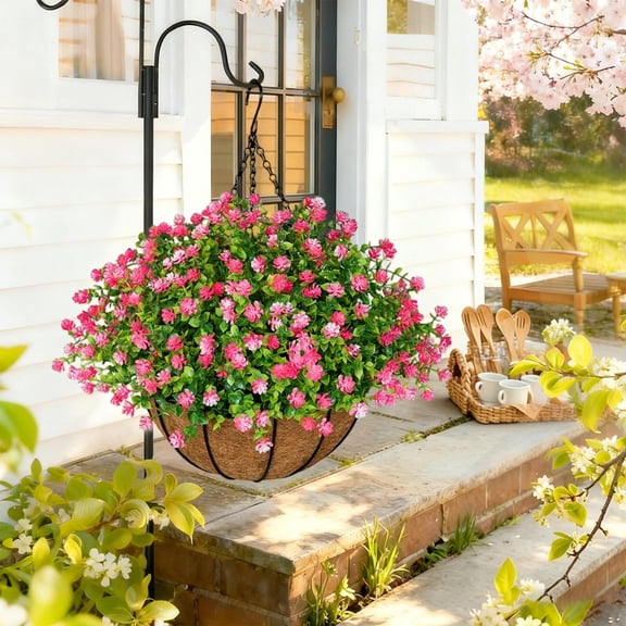Artificial Flower Hanging Basket Simulated Eucalyptus Camellia Palm Faux Plants For Home Garden Outdoor Patio Festival Decor,Pink