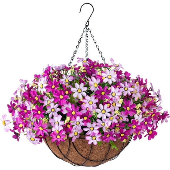 Artificial Flower Hanging Basket for Spring Summer Outdoor Porch Deco, Faux Hanging Plants Silk Chrysanthemum Arrangement in 12 inch Planter Basket for Home Patio Balcony Yard(Purple)