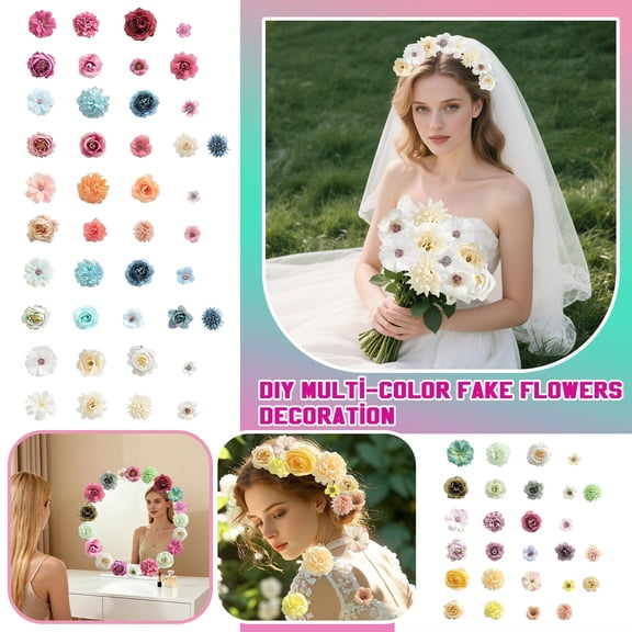 Artificial Flower Heads, Turquoise Flowers, Light Green and Cream White Fake Rose Small Flower Parts, Flowers for Crafts, 80 Piece Assorted Multi-Style Faux Flower Set for Forest