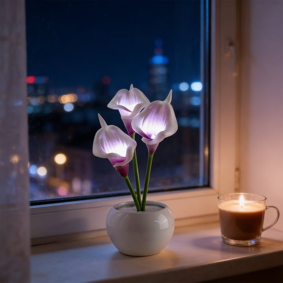 Artificial Flower Night Light, Flower Table Lamp, Mini Ceramic Pot LED Light, USB Powered, for Bedroom, Desk, Home Decor, Purple