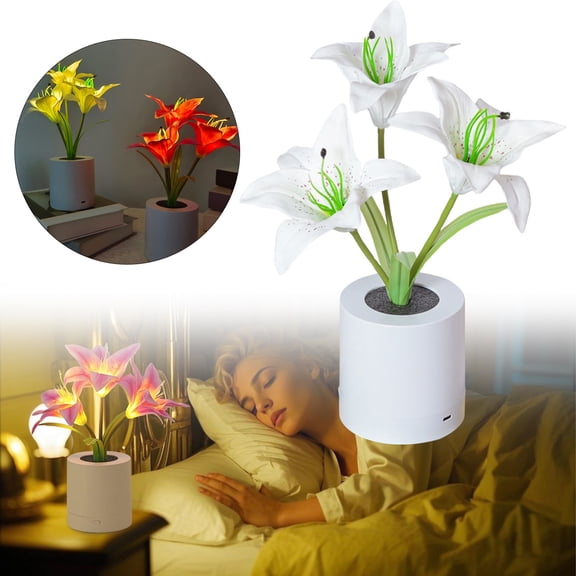 Artificial Flower Night Light,Morning Lilies Flowers Table Lamp,USB Rechargeable Green Flower with Vase Lamp,LED Desktop Decorative Landscape Lights for Home Decor,Birthday Gifts for Women Mom