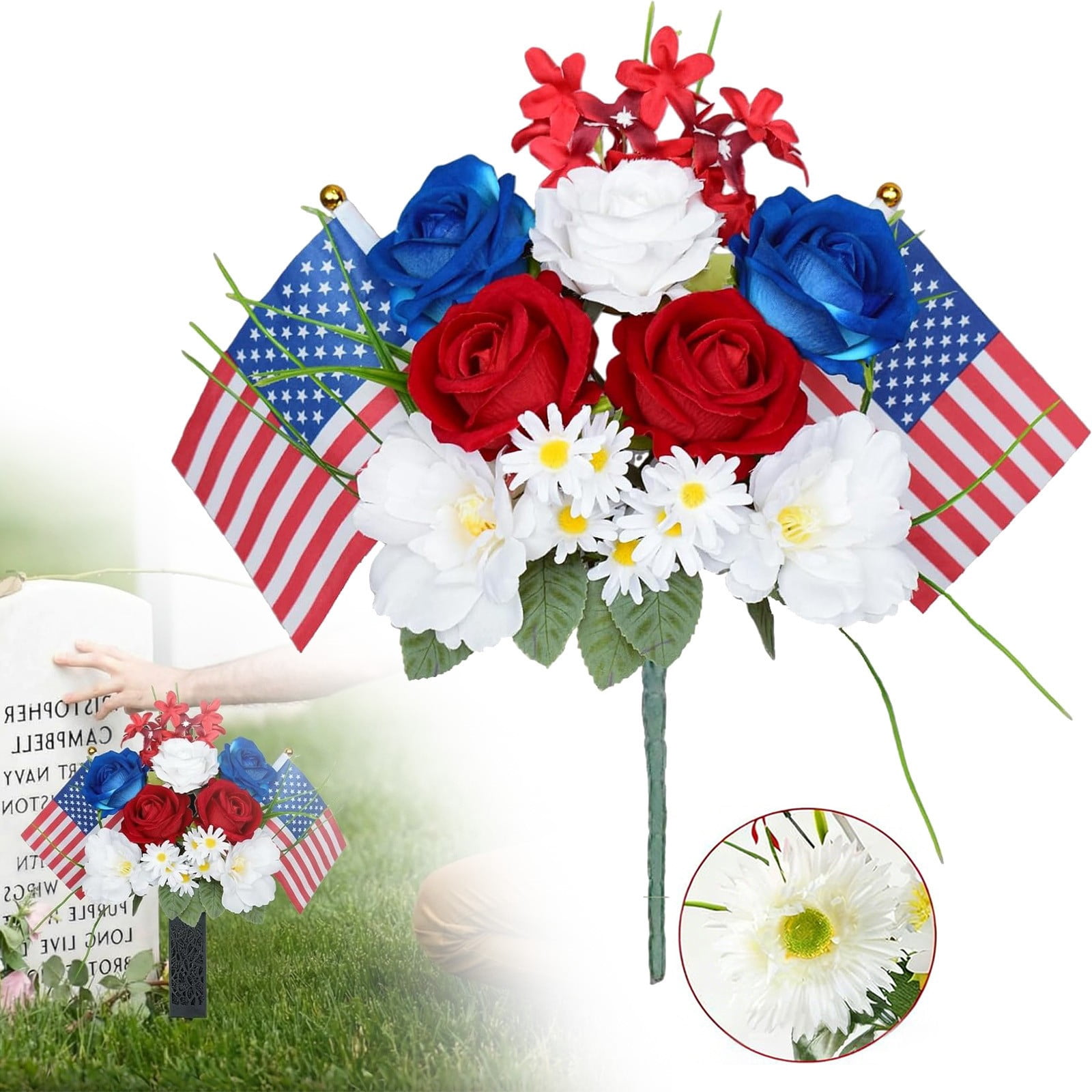 Artificial Flower Patriotic Memorial Bouquet, Fake Red White and Blue ...