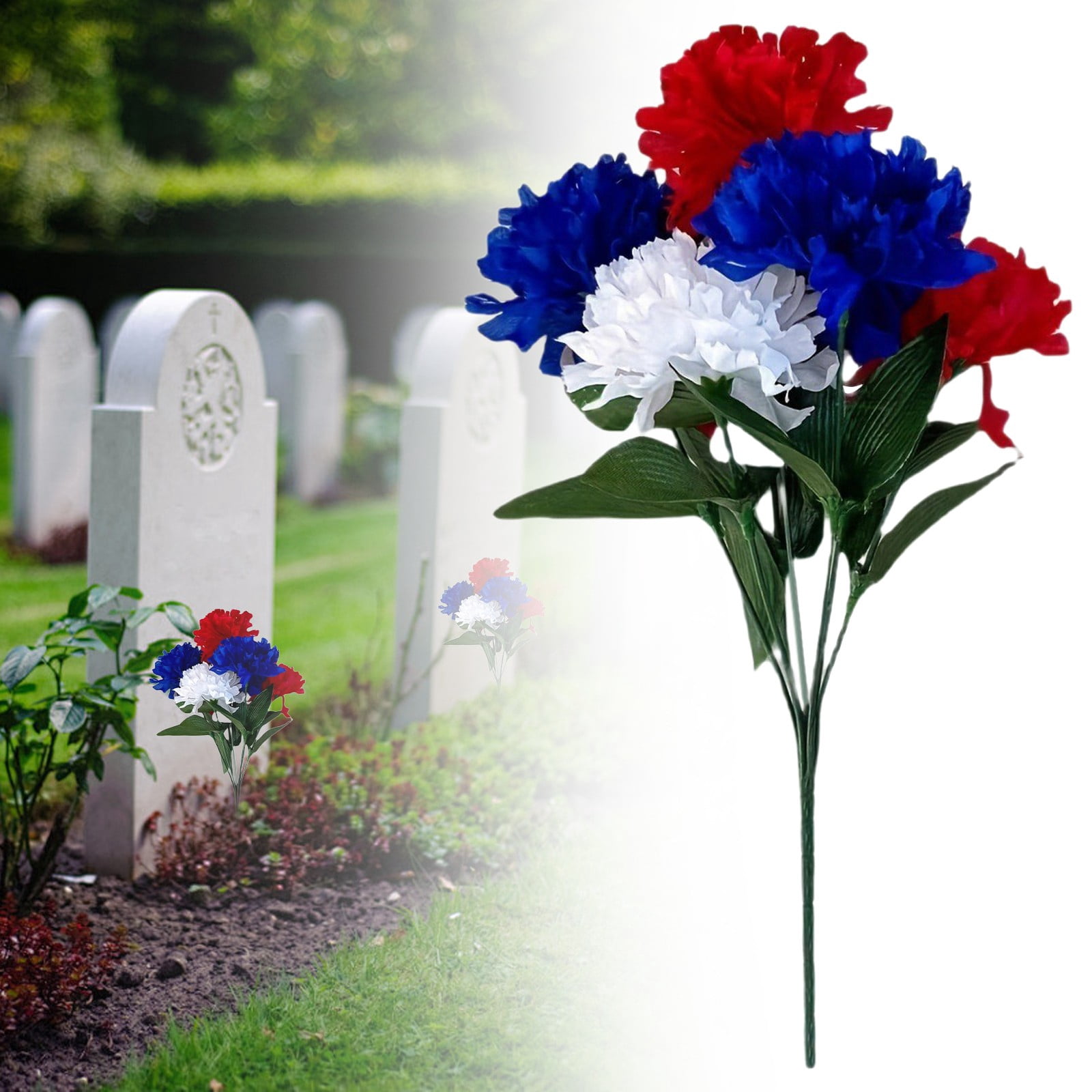 Artificial Flower Patriotic Memorial Bouquet, Fake Red White and Blue ...