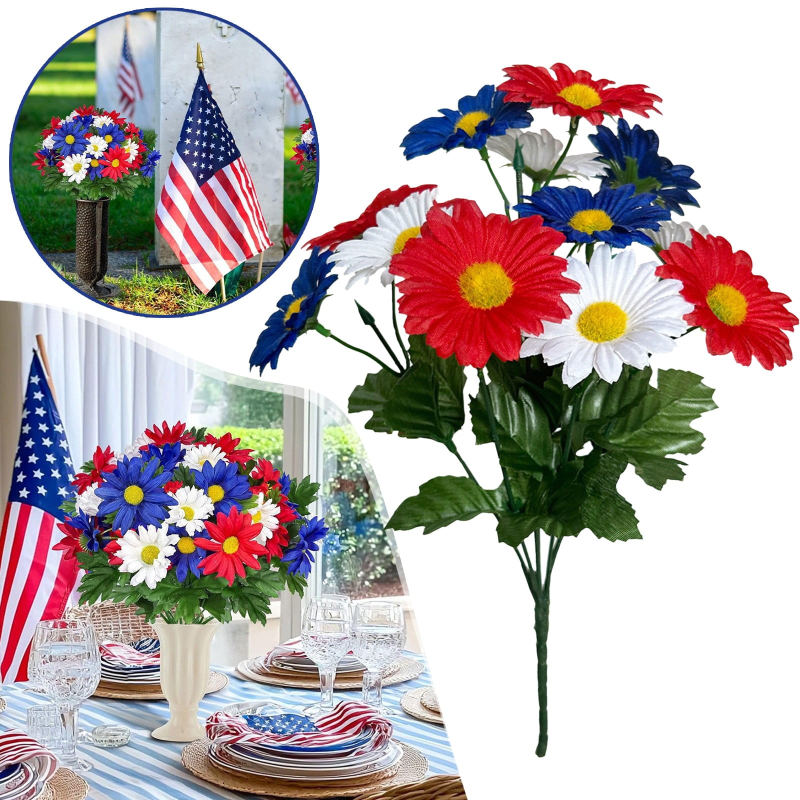 Artificial Flower Patriotic Memorial Bouquet, Fake Red White and Blue ...