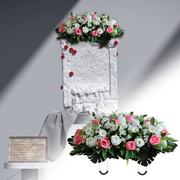 Artificial Cemetery Flower Saddle, Large Memorial Flowers for Gravesites, Outdoor Weather-Resistant Cemetery Decoration, Lifelike Artificial Flowers for Burial, Graveyard Tribute, Pink