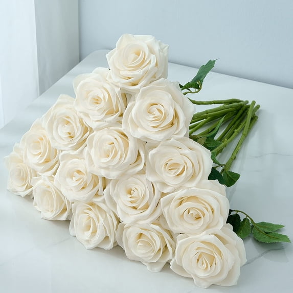 Artificial Flower Plant,Fake Flowers,Champagne Roses Artificial Flowers Silk Flowers Realistic Roses Bouquet Long Stem for Wedding Home Birthday Decoration,F