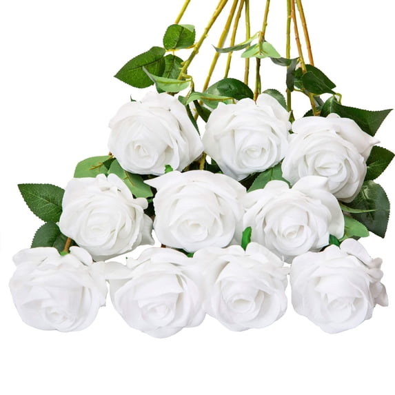 Artificial Flower Plant,Fake Flowers,Champagne Roses Artificial Flowers Silk Flowers Realistic Roses Bouquet Long Stem for Wedding Home Birthday Decoration,White
