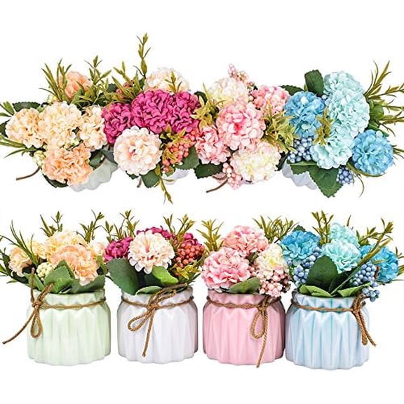 Artificial Flower Plants – Mini Fake Hydrangea Flowers in Pot for Home Decor Party Wedding Office Patio Table Desk Decoration, Set of 4, Size: 3.3''(Diameter) x 5.5''(Tall)