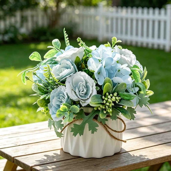 Artificial Flower with Small Ceramic Vase, Fake Silk Bouquet, Realistic Plastic Flower Ball Decoration, Home Office Wedding Party Table Centerpiece, Durable Maintenance-Free Blue