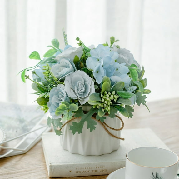 Artificial Flower with Small Ceramic Vase, Faux Silk Flowers, Decorative Flower Balls for Home, Office, Wedding, Party, Table Decor, Indoor/Outdoor Use