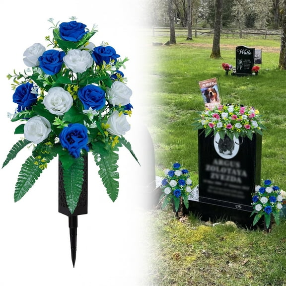 Artificial Flower Tombstone Bouquet Funeral Bouquet Style 150, Artificial Cemetery Flowers, Long Lasting Vase, Outdoor Artificial Rose Decorations, with Nail Vase, Perfect for Cemetery and Home Decor